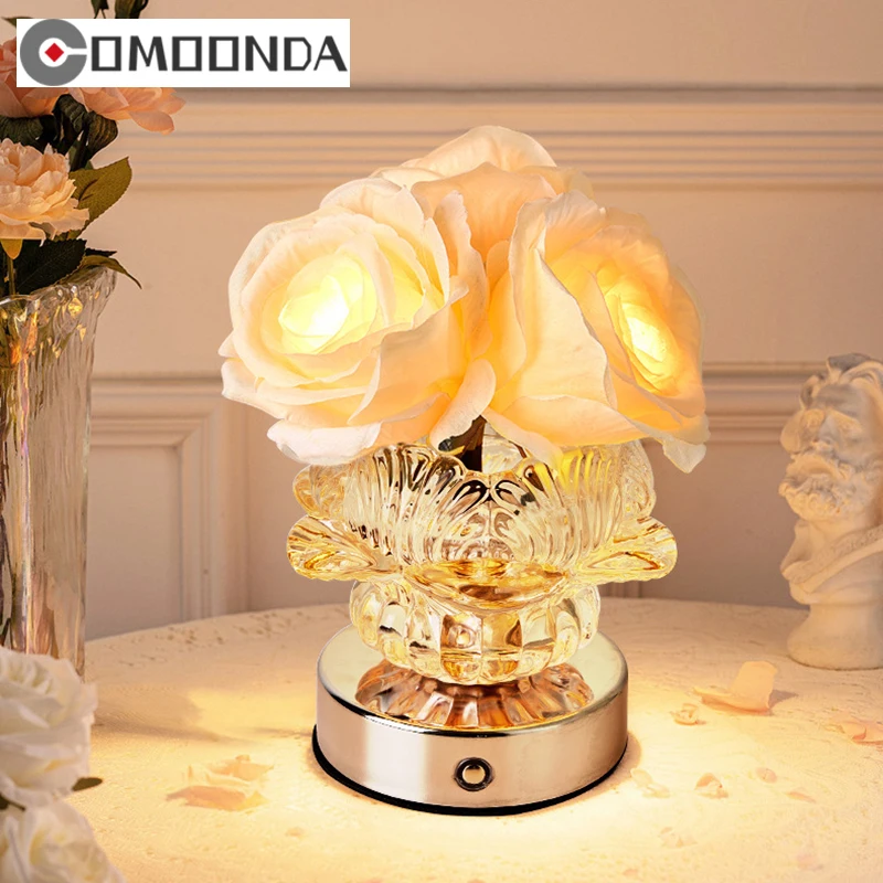 

Modern Deisgn Bedroom Decor Night Light Plastic Material Flower Lampshade Glass Body Table Lamps Rechargeable Lustre With Switch