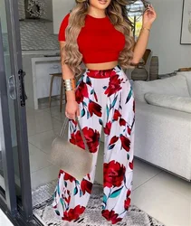 Women Fashion Suit o-neck Short Sleeve Solid Color Top Print Mid Waist Belt Pants Set casual Two piece set Women's Wear Summer