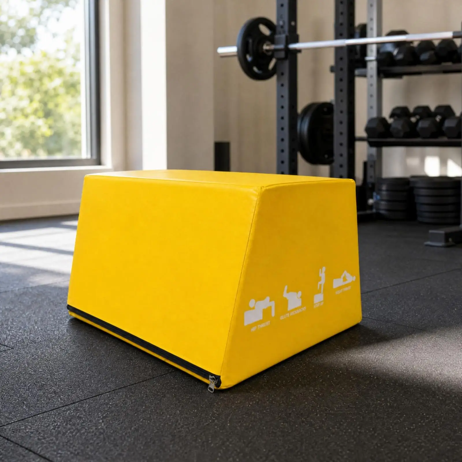 Home Gym Hip Thrust Bench for Glute Activation PVC Padded Exercise Box with Printed Workout Labels for Safe Form Training