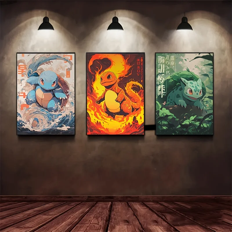 

3Pcs Pokemon Poster Cute Pikachu Charmander Squirtle Canvas Painting Anime Wall Art Wall Decor Living Room Home Decor Unframed