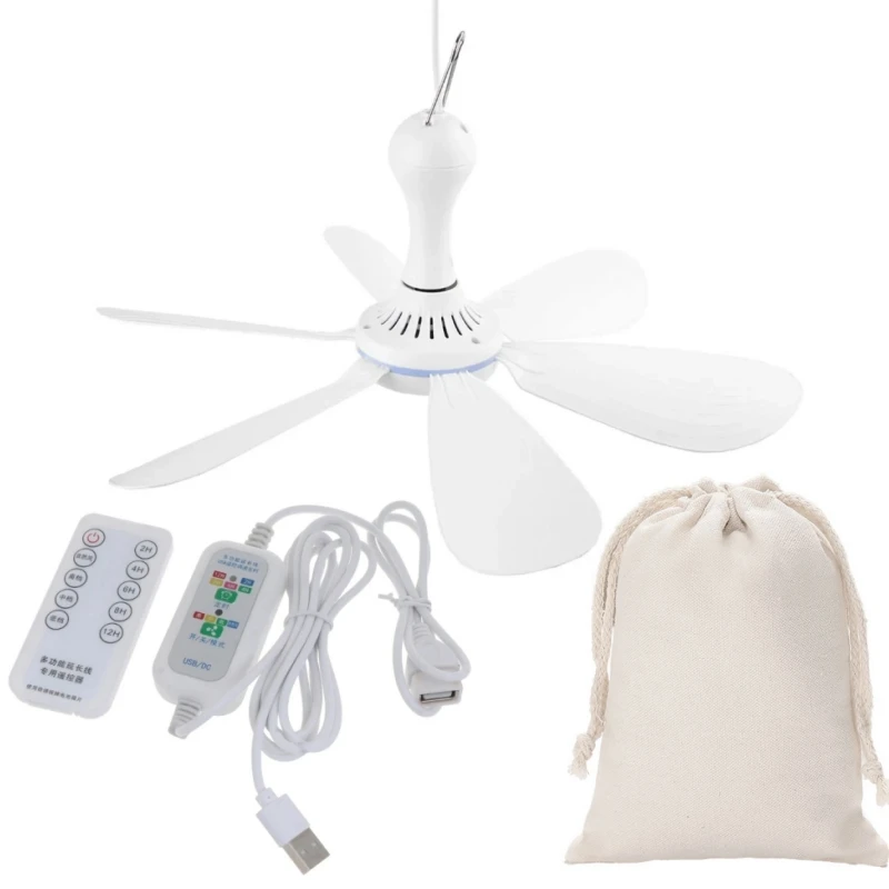 Silent 6 Leaves USB Powered Ceiling Canopy Fan with Remote Control Timing 4 Speed Hanging Fan for Camping Bed Dormitory Tent New