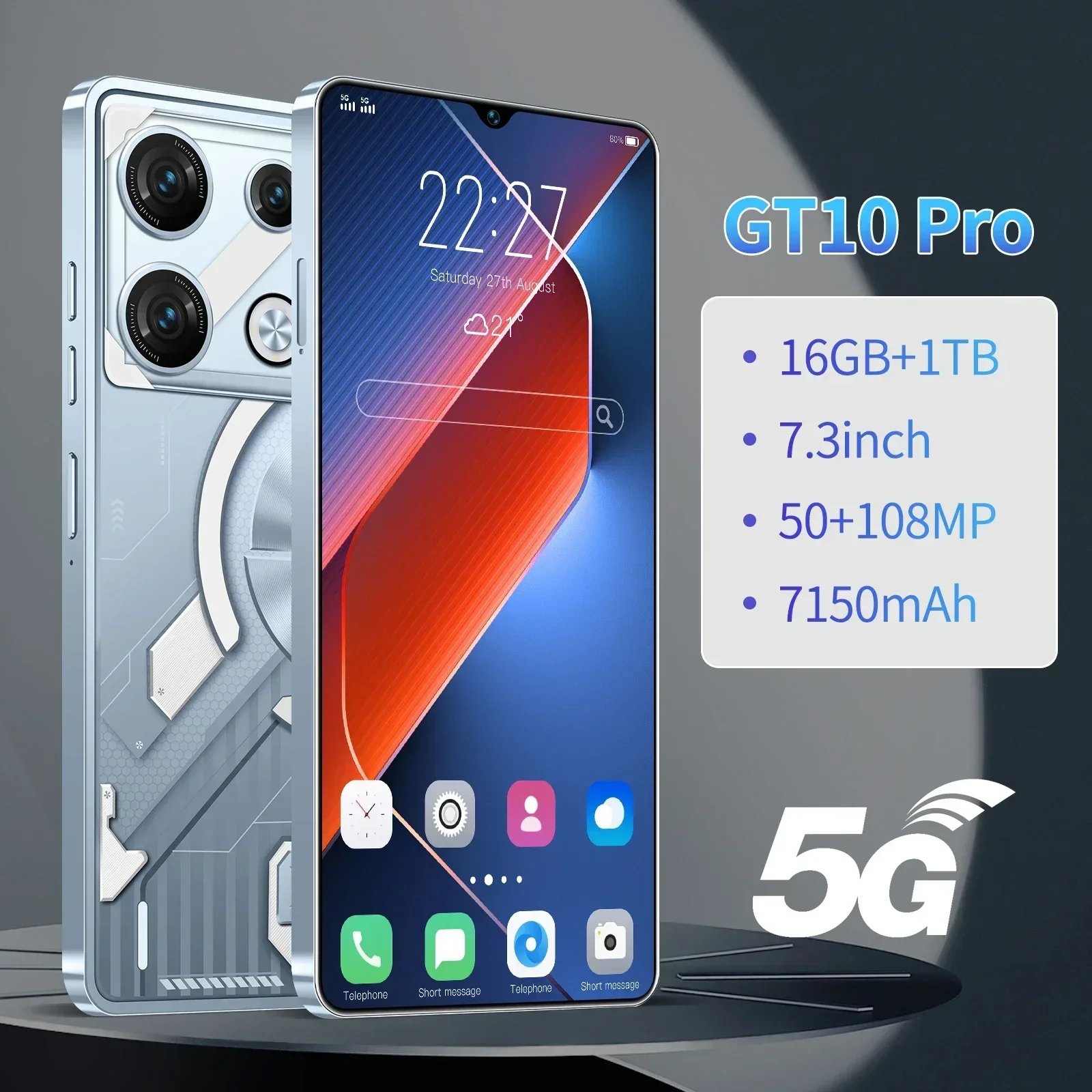 

2024 GT10 Pro Smartphone Original 5G 16G+1TB 7.3inch HD Cell Phone Dual SIM Mobile Phones 7150mAh Cellphones Unlocked Android