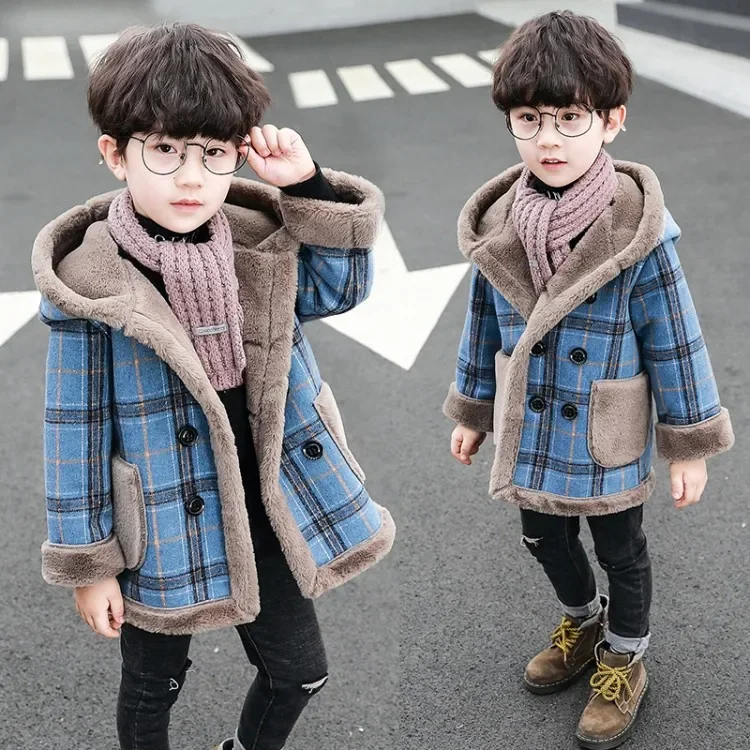 Boy Winter Coat England Grid Hooded Children's Outerwear Kids Wool Coats 10 Years Old Jacket For Boy Thick Kids Cardigan E4516