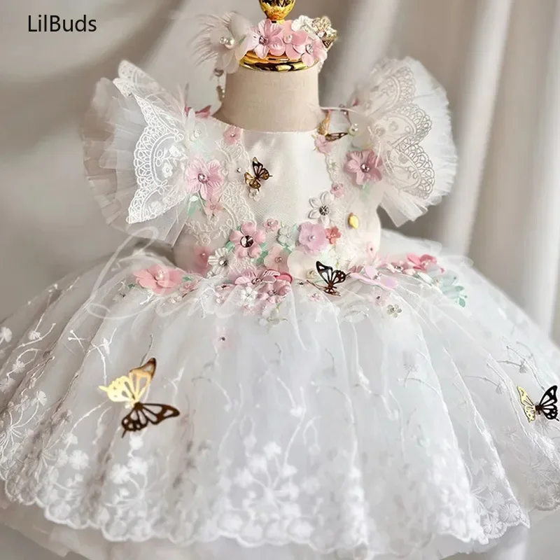 2024 Children's Elegant Clothes Matching Kids New White Childhood Puffy Yarn Flower Sweet Cute Lolita Princess Dress Costume