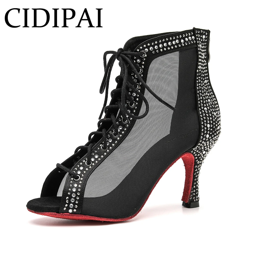 Black Latin Dance Shoes For Women Soft Sole Salsa Tango Dance Shoes  Lace Up Leopard Print Jazz Modern Dance Boots High Heels