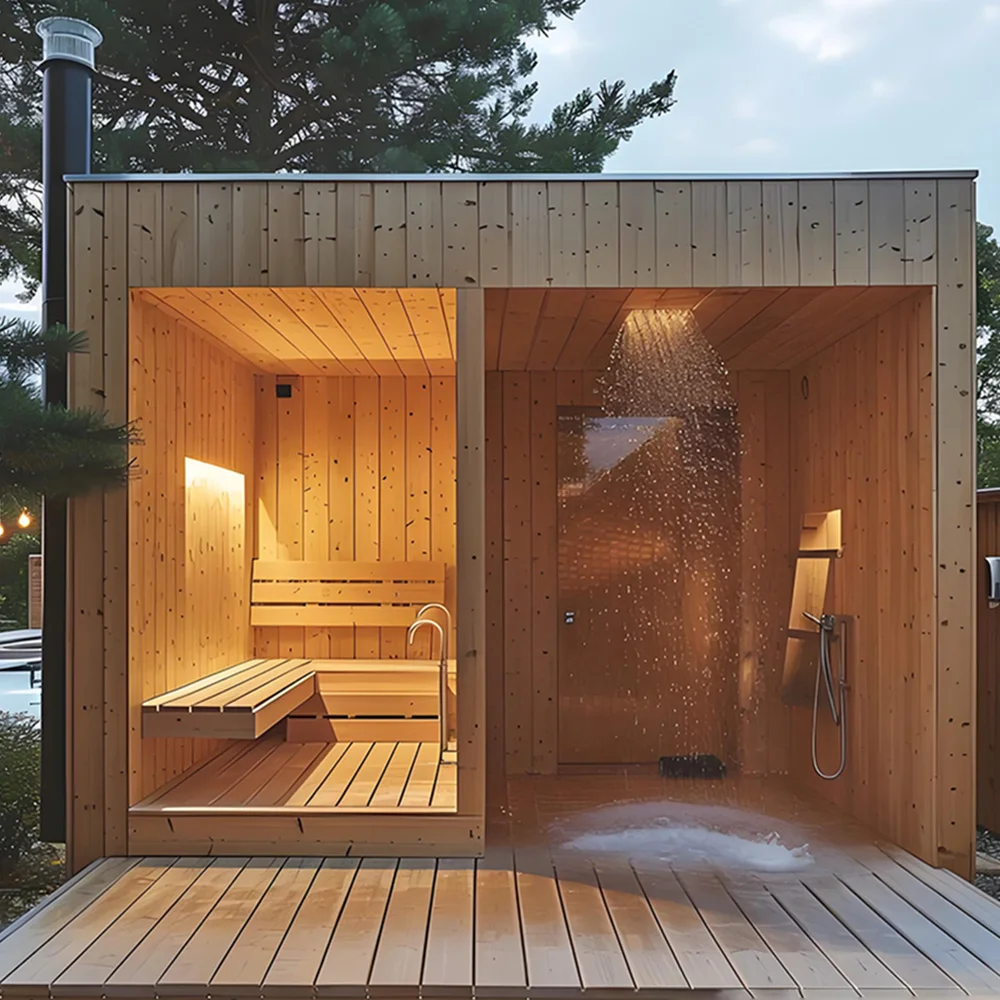 Red Cedar Sauna Cabin, Solid Wood Outdoor Sauna Shower Combo, Electric Stove Heater, 2-10 Person Backyard Sauna Room view 3
