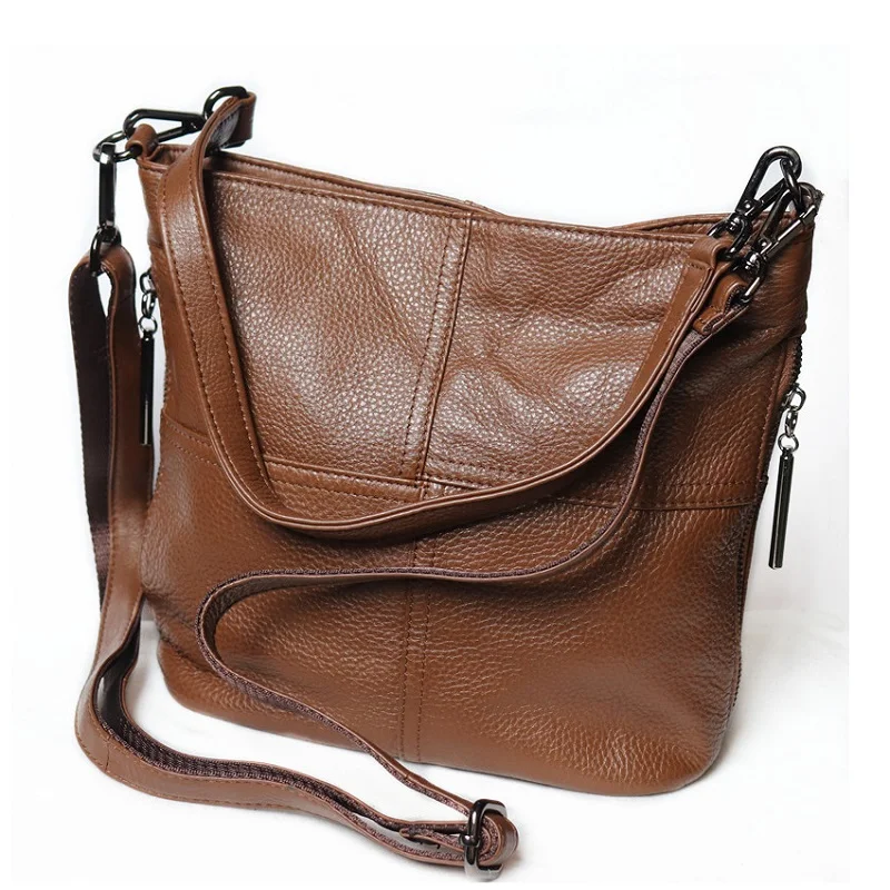 Women Casual Genuine Leather Crossbody Bags Dark Brown Zip Adjustable Strap Bucket Shoulder Bag Commute Purses Handbag For Women