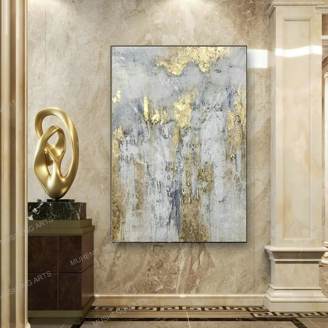 

Pure Handmade Technique Gold Foil Oil Painting Abstract Glitter Large Wall Art on Canvas for Living Room Hallway Decoration