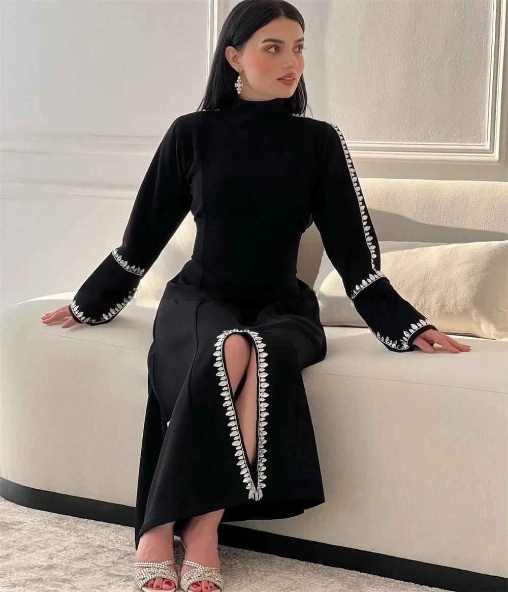 

Black Beaded Long Sleeves Bespoke Occasion Gown Evening Dresses Pastrol Unisex Jersey Retro Dubai Saudi Arabic Prom Customized