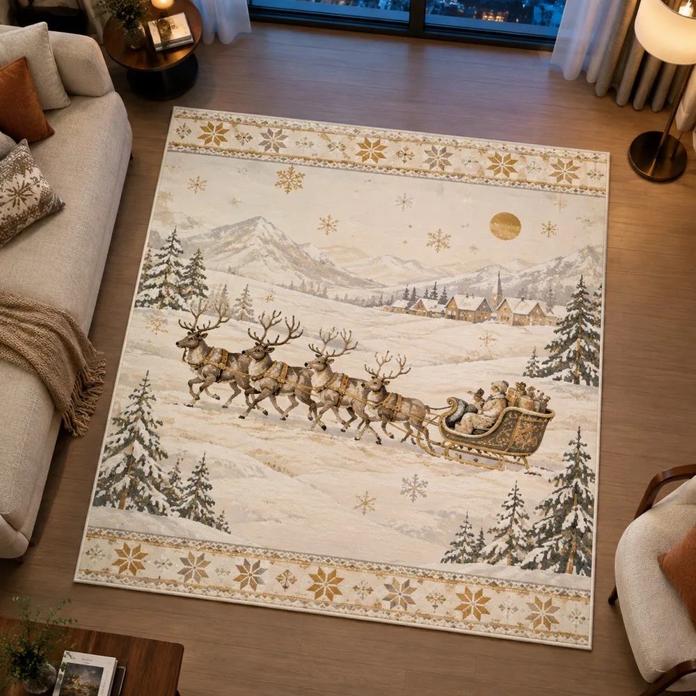 VIKAMA Rug Carpet Cream Christmas Reindeer Sleigh Snow Scene Elegant Washable Master Bedroom Kitchen Home Office Study Xmas Gift
