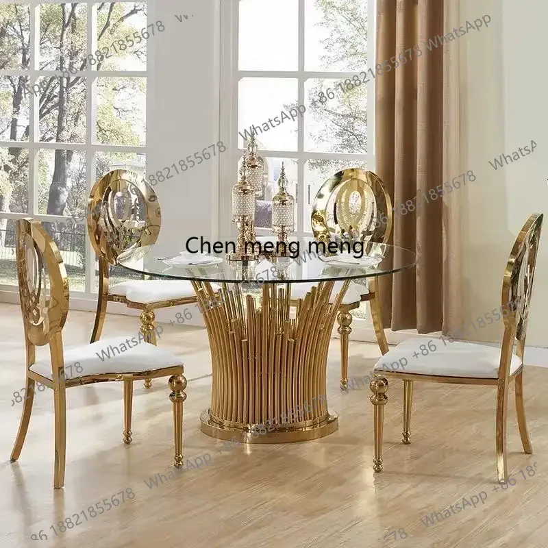 

Light luxury stainless steel gold dining chairs wedding banquet hall dining table and chairs