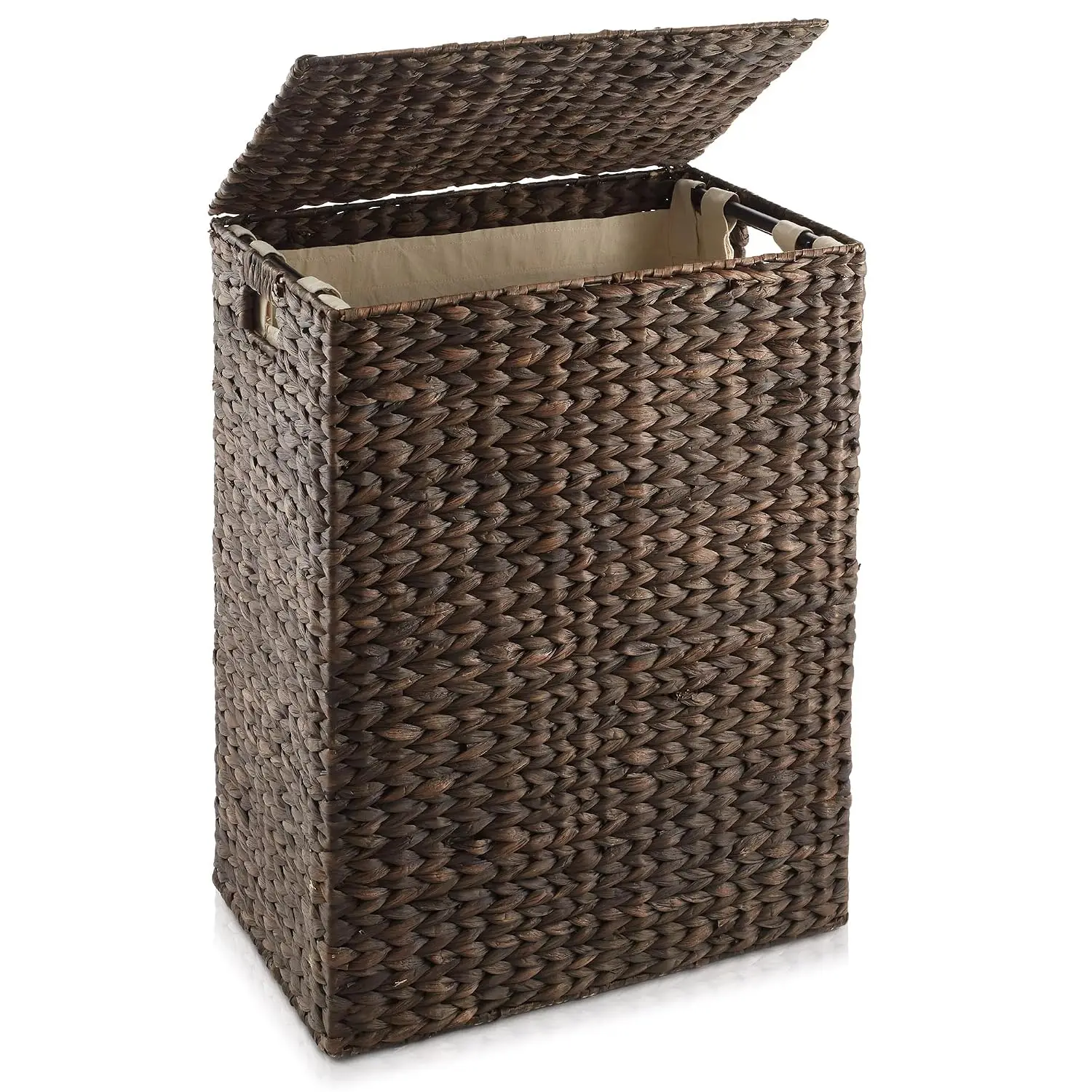 Large Laundry Hamper with Lid and Removable Liner Bag - Espresso Dark Brown, Woven Water Hyacinth Rectangular Laundry Basket