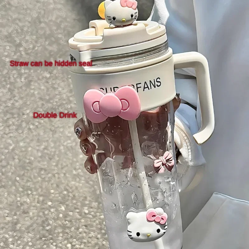 1200ML With Handle Water Bottle MINISO Hello Kitty Gym Large Capacity Straw Water Cup Kuromi My Melody Cartoon Children Cup Gift