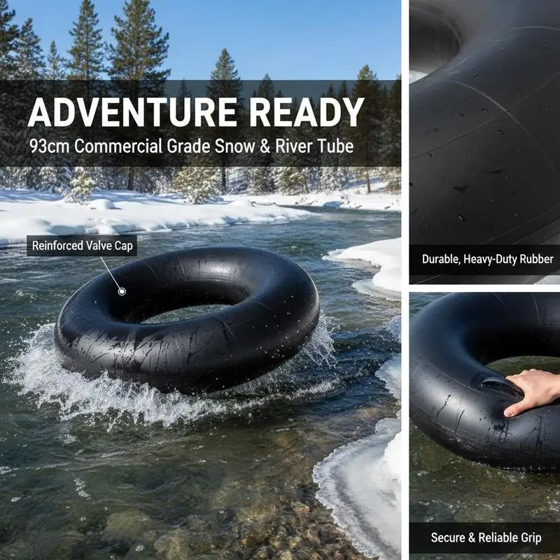 Cámara neumática de goma negra de 93 cm de diámetro para nieve y agua. Fabricada con caucho industrial y válvula antiperforación que evita fugas. Incluye tapón y herramienta de inflado. Ligera y plegable, ideal para deslizarse por pendientes o flotar en r