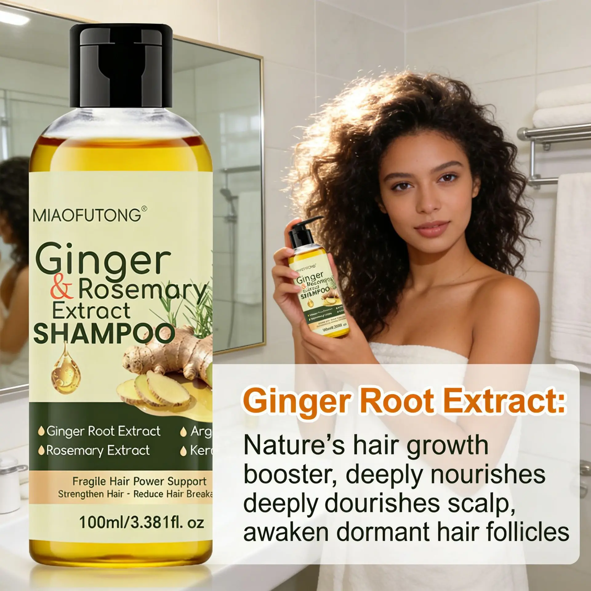 Ginger Rosemary Shampoo Nourishing Softening Deep Cleansing Shampoo Nature's Hair Growth Booster, Deeply Nourishes