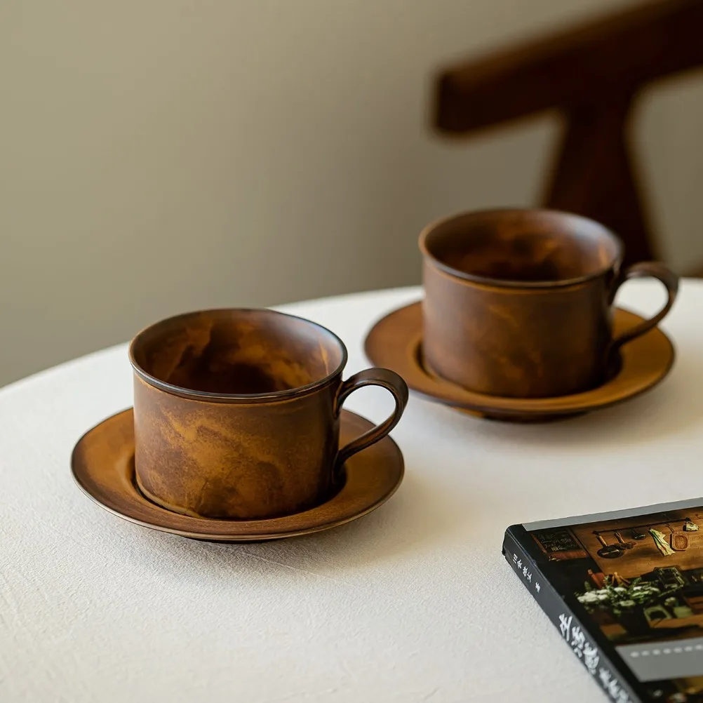Japanese Retro Coffee Cup and Plate Set Large Capacity 250ml Ceramic Cappuccino Cup Milk Cup Kiln Made Coarse Pottery Mug - view 5