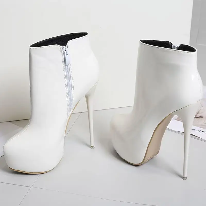 

White Patent Leather Female High Heels Autumn Waterproof Platform Sexy Women's Ankle Boots Solid Color Simple Stiletto Shoes