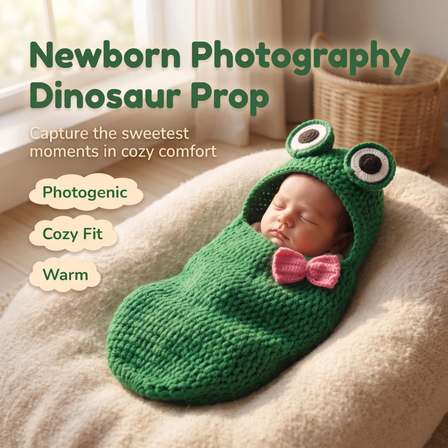 Newborn Full-Month Baby Photography Handmade Knitted Frog Photo Prop Sleeping Bag Green Toad Baby