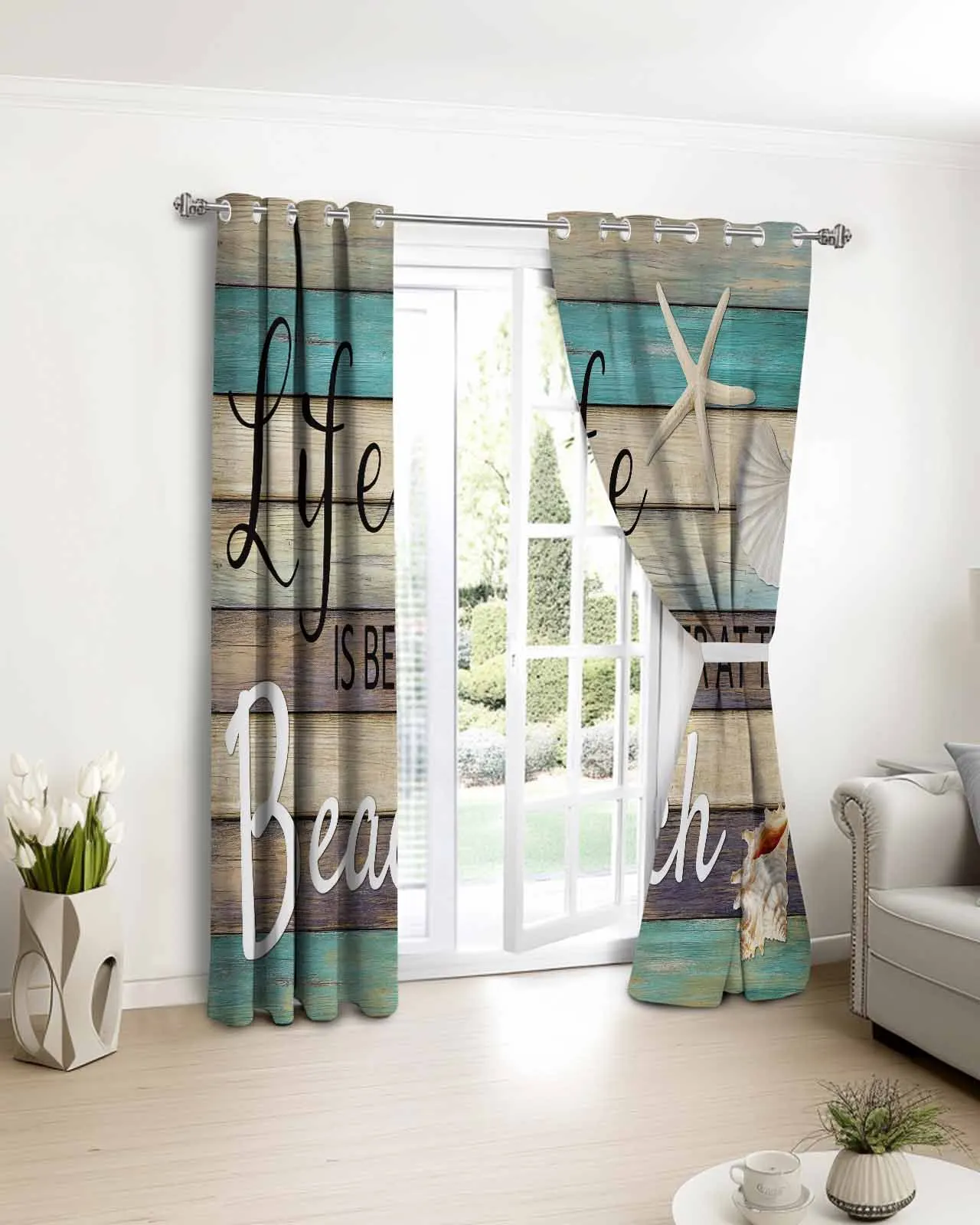 

2pcs, 1 panel Rustic Life Is Better at The Beach Polyester Window Curtains For Living Room Kitchen Bedroom Drapes