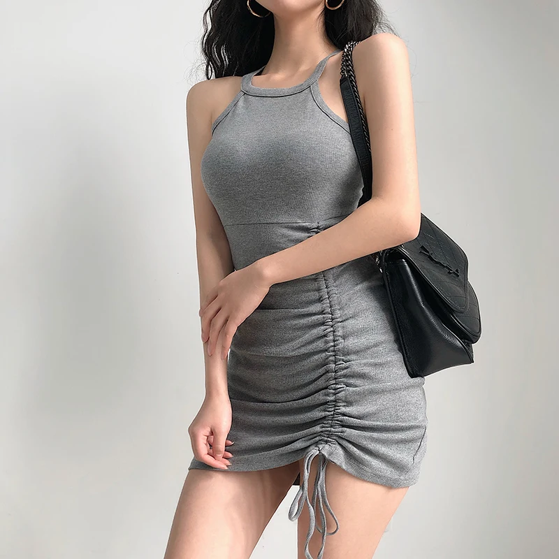 Young Girl Day Sexy Wind Drawstring Pleated Bodycon Strap Dress Short Skirt Cotton Material Spring Season for 18-24 Years Old...
