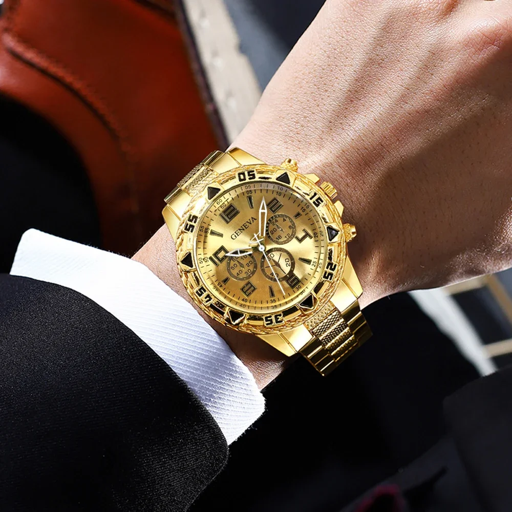 4pcs/set Men's Watches Fashion Arabic Dial Steel Band Quartz Watch Set
