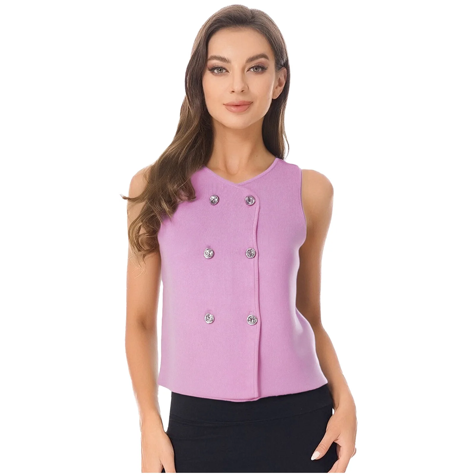 

Women Solid Color Fashion V-neck Double-breasted Sleeveless Knitted Party Vest Tops Sweater for Commute Work Casual Daily Wear