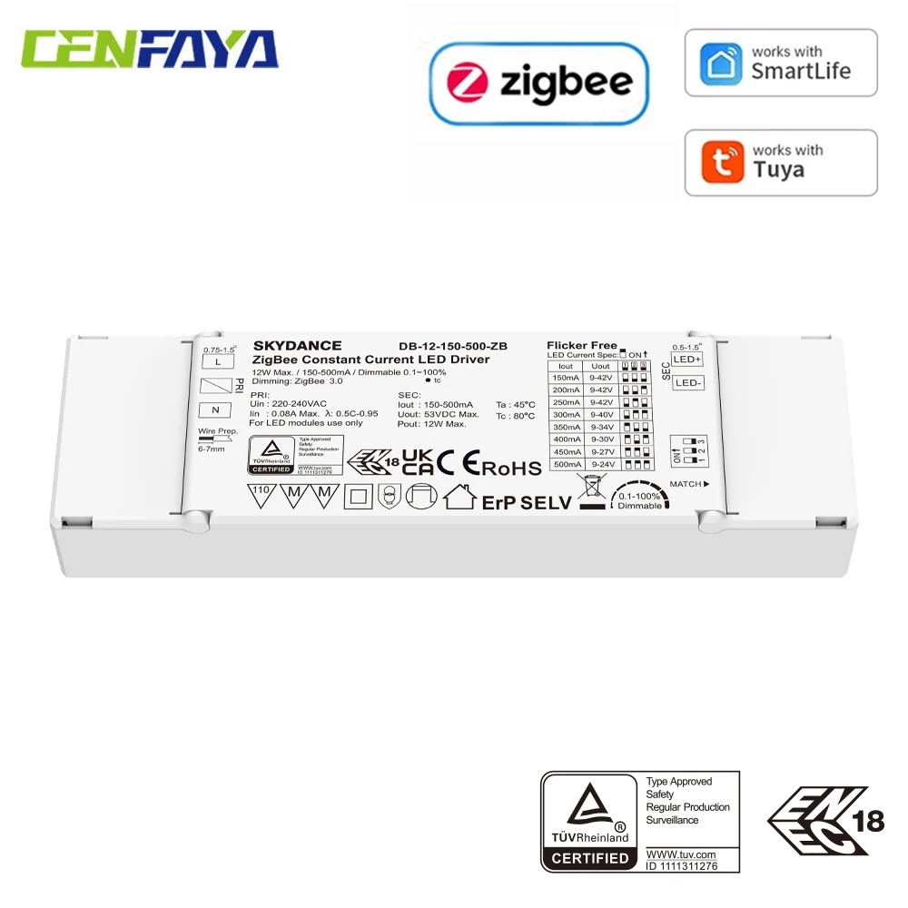 CENFAYA 12W ZigBee 3.0 LED Driver TUYA App Alexa Voice Smart Control Dimming Constant Current 150-500mA Dimmable Power Supply