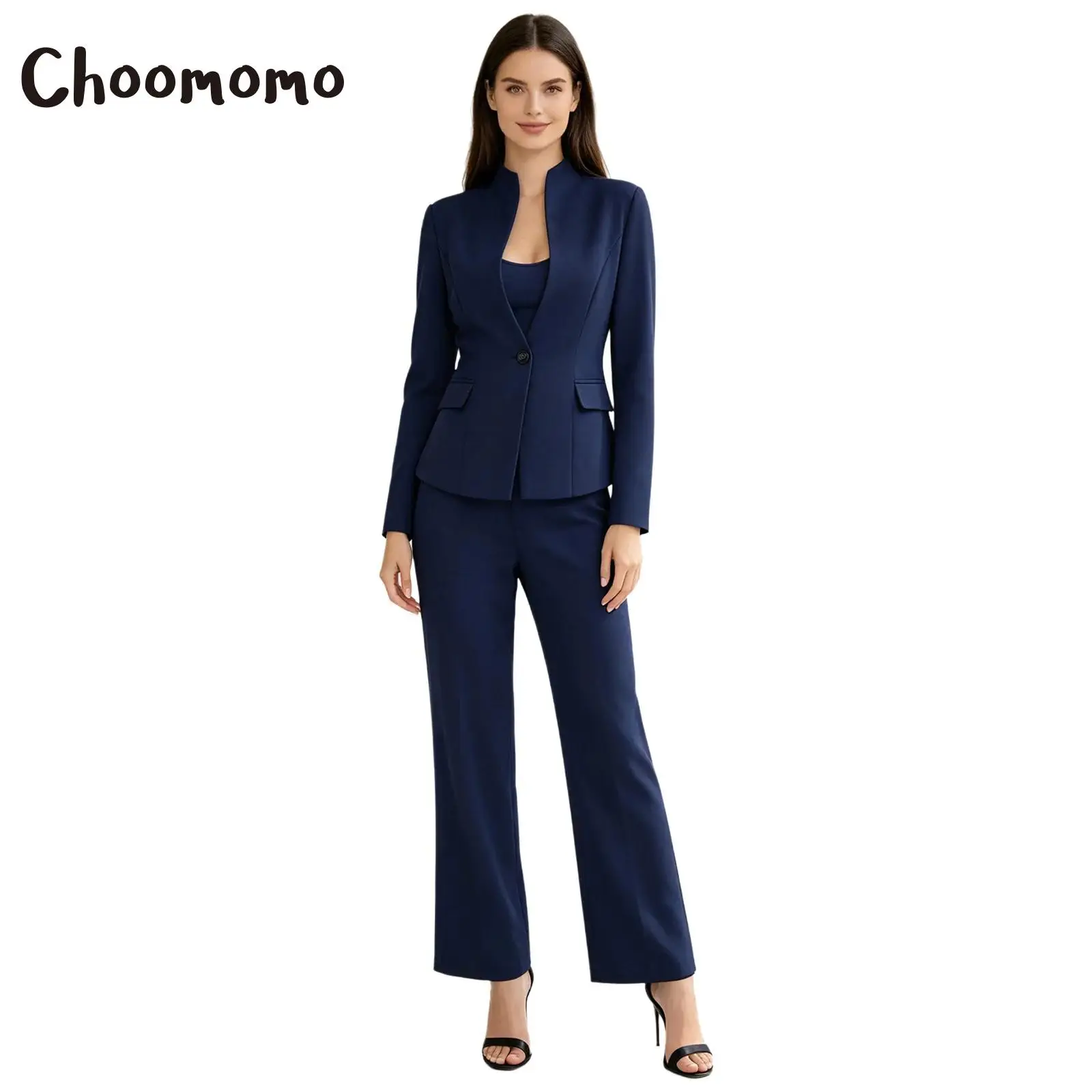 

Office Lady Formal Suit Women One-button Long Sleeve Stand Collar Blazer Jackets And Wide Leg Pants Dates Work Business Outfit