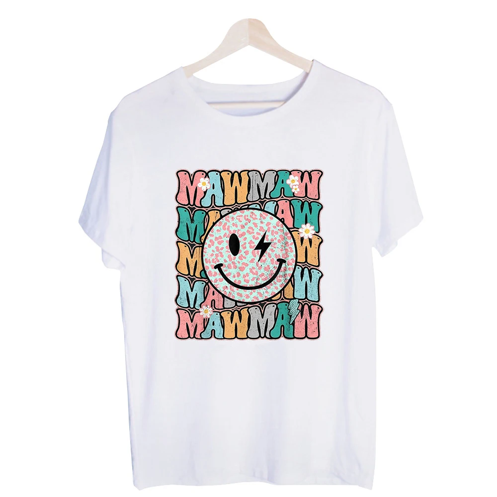 Women's Smiley Face with Lightning Bolt and Typography Print Graphic Tee, Retro Style Casual Summer Outfit Shirt