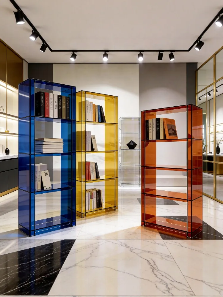 & Designer Light Luxury Freestanding Transparent Acrylic Bookshelf Storage Rack Doorless Design for Living Room Figure Display O
