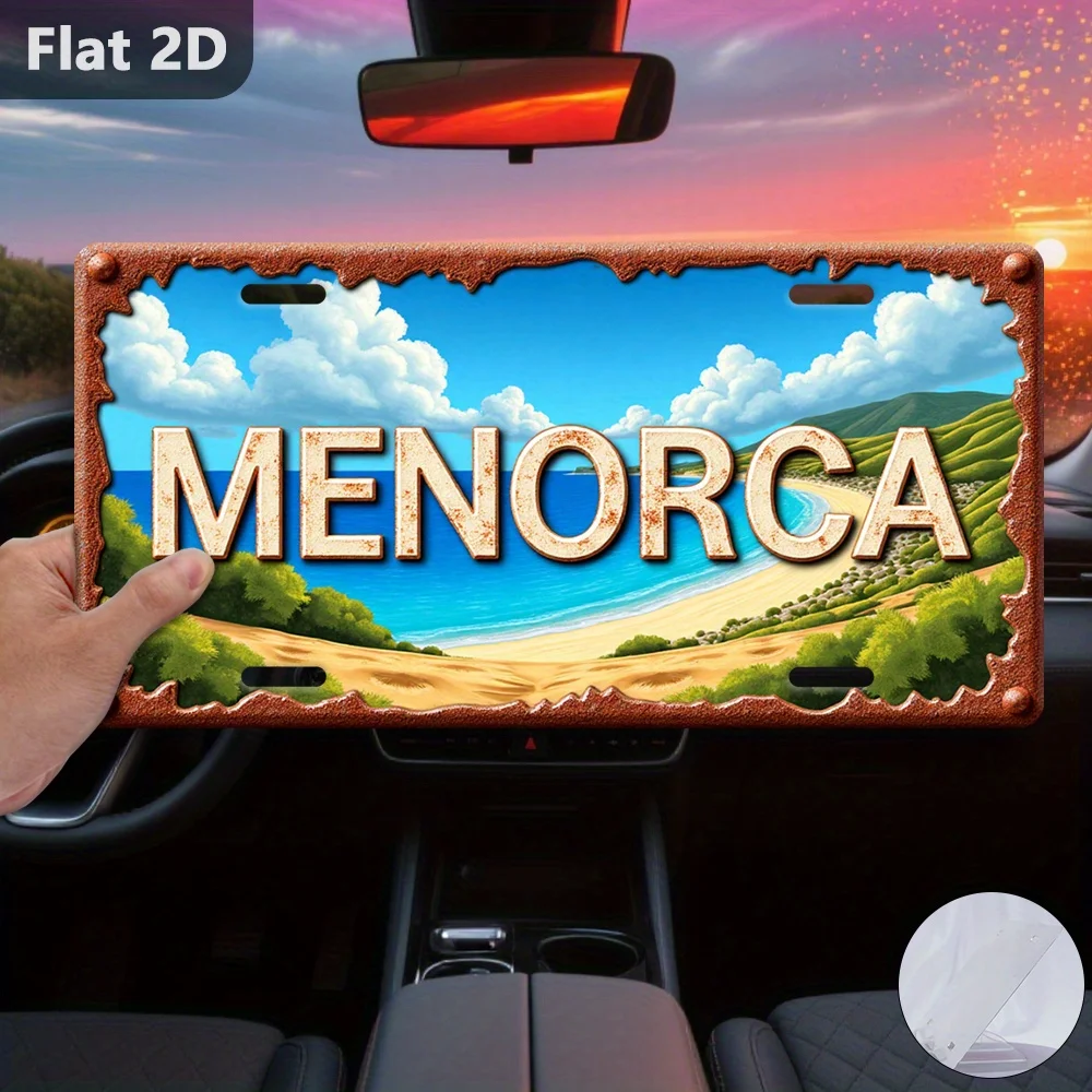 2D Flat - A Vintage Sign Featuring a 2D, Measuring 30.48 cm by 14.99 cm, Depicting Menorca Beach in Spain. This Travel Souvenir