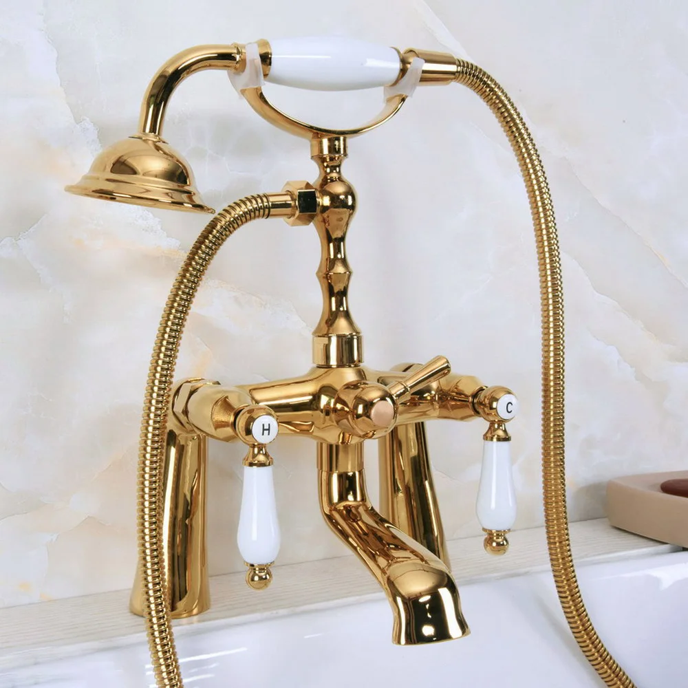 

Telephone Style Golden Dual Handle Bathroom Bathtub Faucet Set Wall Mounted Bath Tub Mixers with Handheld Shower