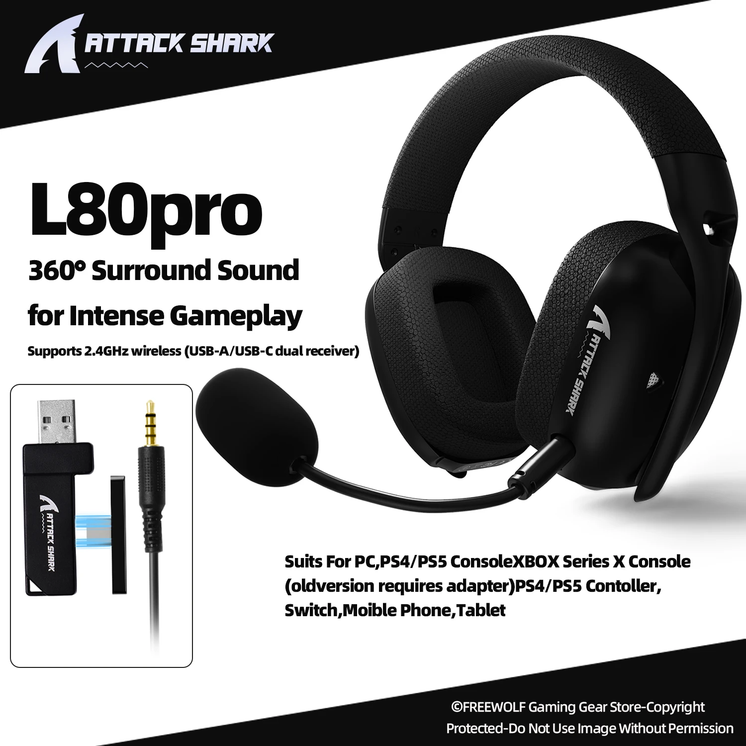 ATTACK SHARK L80PRO Wireless Headset BT/2.4G/Wired Ultra-Light 40mm Drivers Low Latency Gaming Headphone for PC PS5 Switch Xbox
