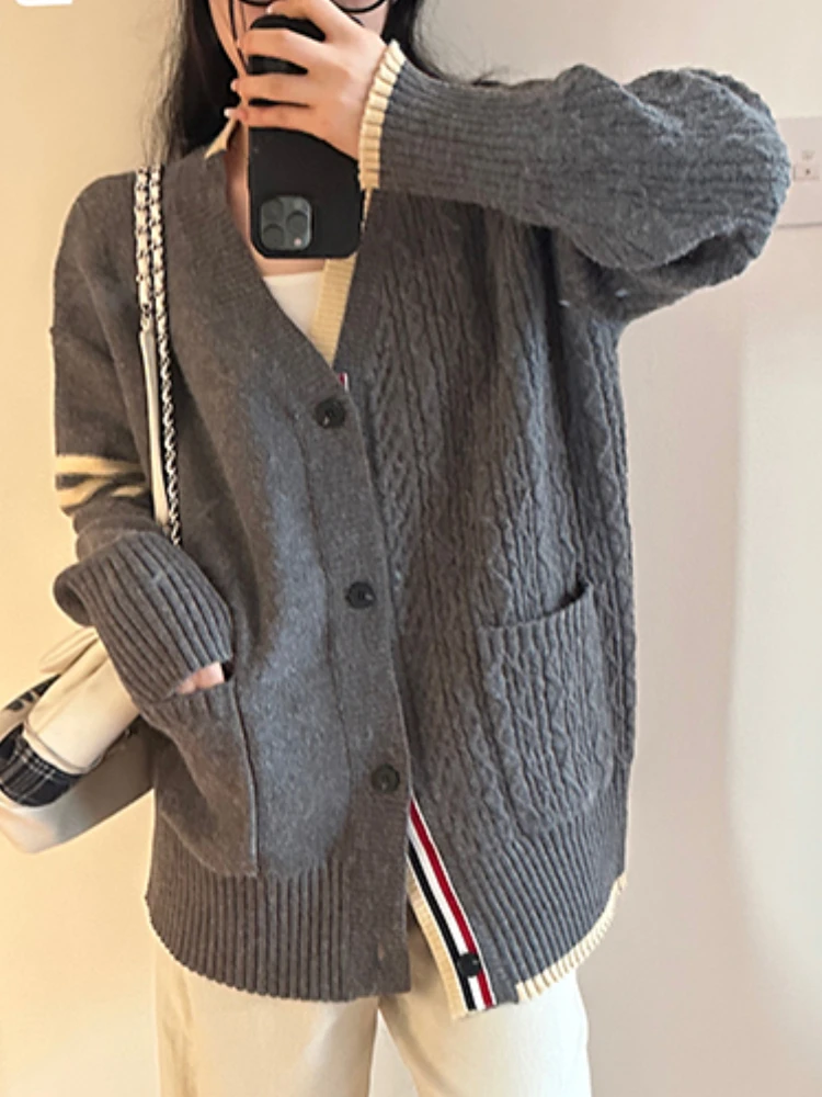 Grey Korean Fashion Knitted Cardigan Women Button Vintage Casual Loose Sweater Coat Female Designer Elegant Retro Cardigans 2023