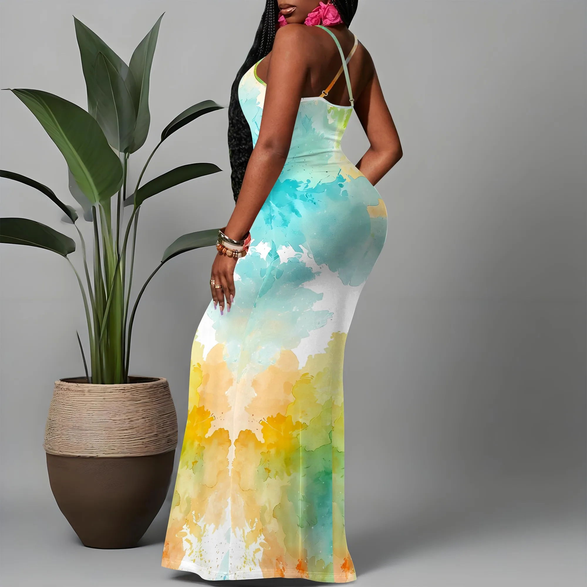 ヌプサ水彩プリントスパゲッティストラップマキシドレス レディース サマーボディコンロングドレス