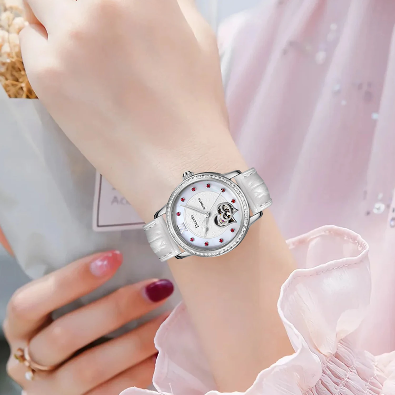 Deesio Ladies Crystal Rhinestones Watch Sparkling Automatic Dial Stainless Steel 50m Waterproof Gift for Valentine Anniversary