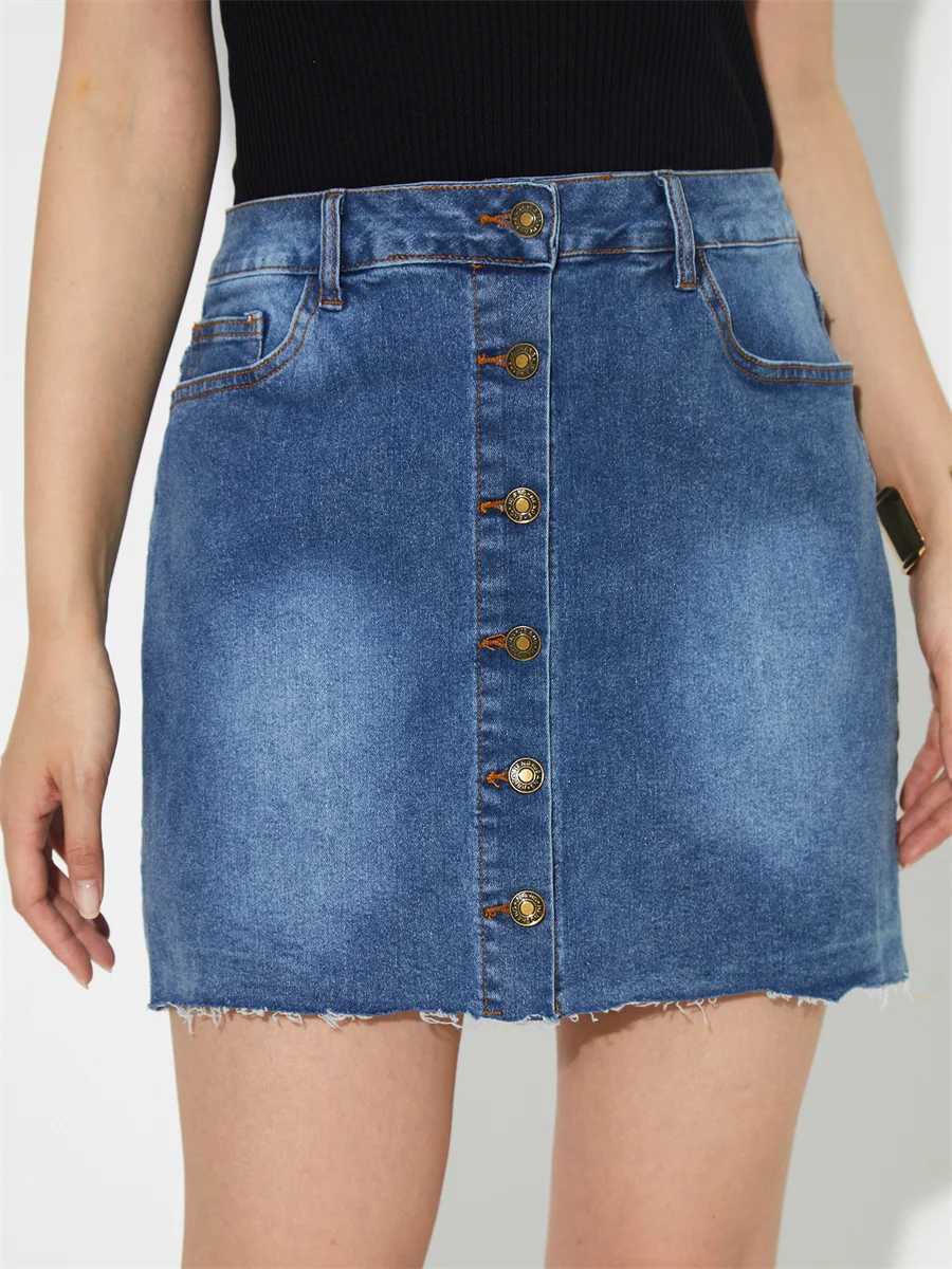 

Benuynffy Single Breasted Raw Hem Denim Skirt Women's Summer High Waist Vintage Mini Skirt Streetwear Straight Jeans Skirts