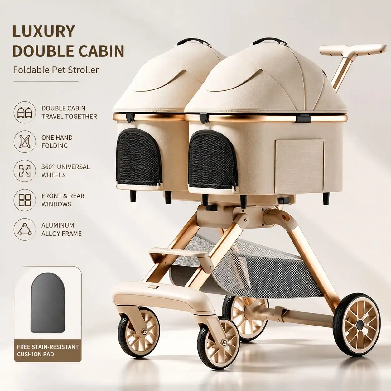 Twin Cabin Double Layer Pet Stroller for Small Medium Dogs Cats Lightweight Foldable Double Pet Cart Outdoor Walking