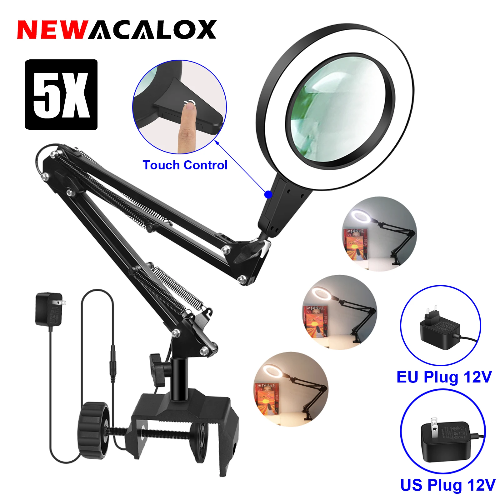 NEWACALOX 5X عدسة مكبرة مع عدسة زجاجية عالية الدقة و 108 SMD LED ضوء التحكم باللمس لمبة مكتب لقراءة إصلاح DIY إغلاق العمل