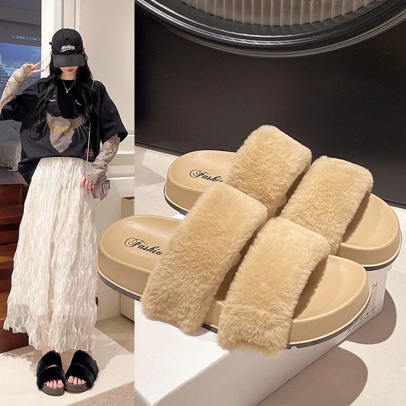

2025 Autumn Winter Fuzzy Slippers with Flat Sole Comfortable Outdoor and Indoor Shoes for Women