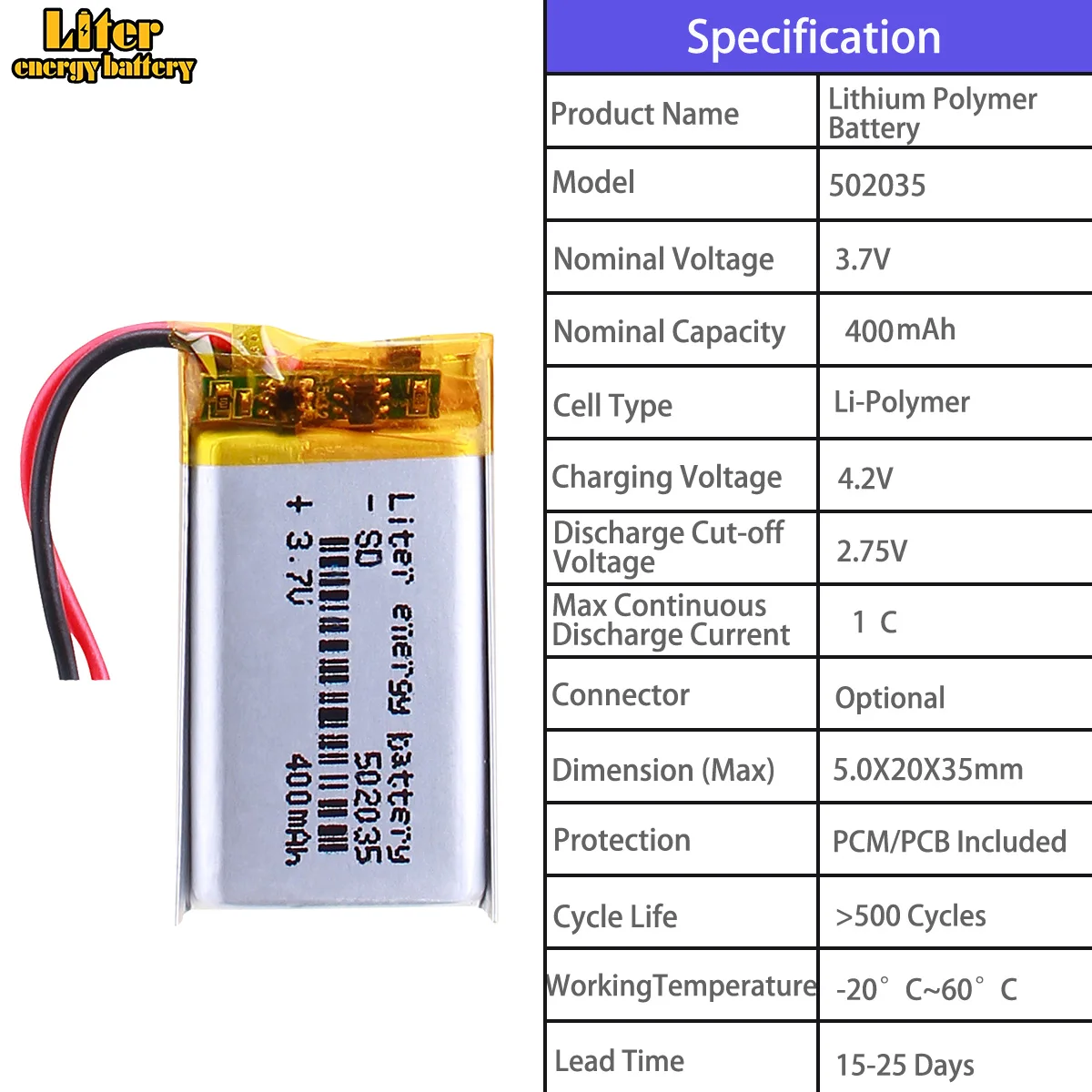 502035 400mah 502040 400mah 502060 600mah 502248 500mah 502525 300mah 3.7V Polymer Lithium Battery
