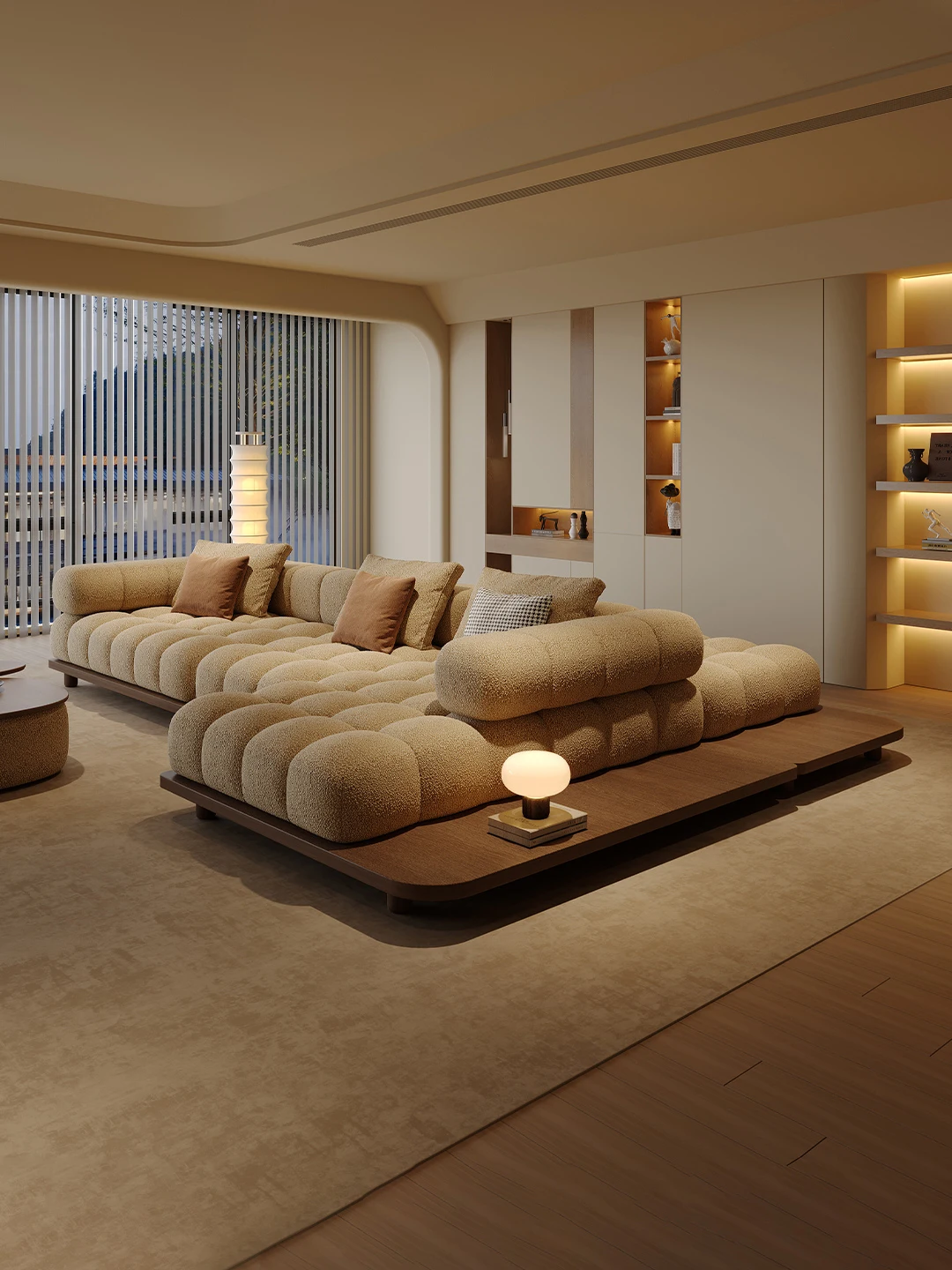 Modular L Shaped Sectional Sofa with Wooden Platform Base - Thick Sherpa Boucle Cushion - Japandi Cream Living Room Couch