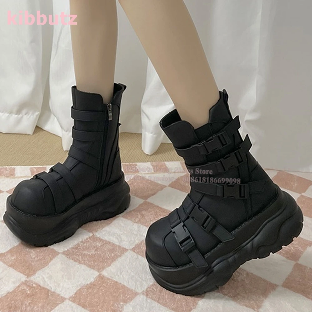 Belt Buckle Ankle Boots Punk Millennium Y2k Genuine Leather Solid Black Side Zippers Thick Bottom Big Head Fashion Women Shoes