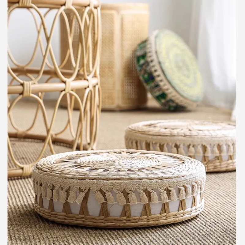 35x10cm Bohemian Household Round Straw Woven Seat Cushion Japan Style Living Room Tatami Drift Window Sitting Mats Yoga Cushion