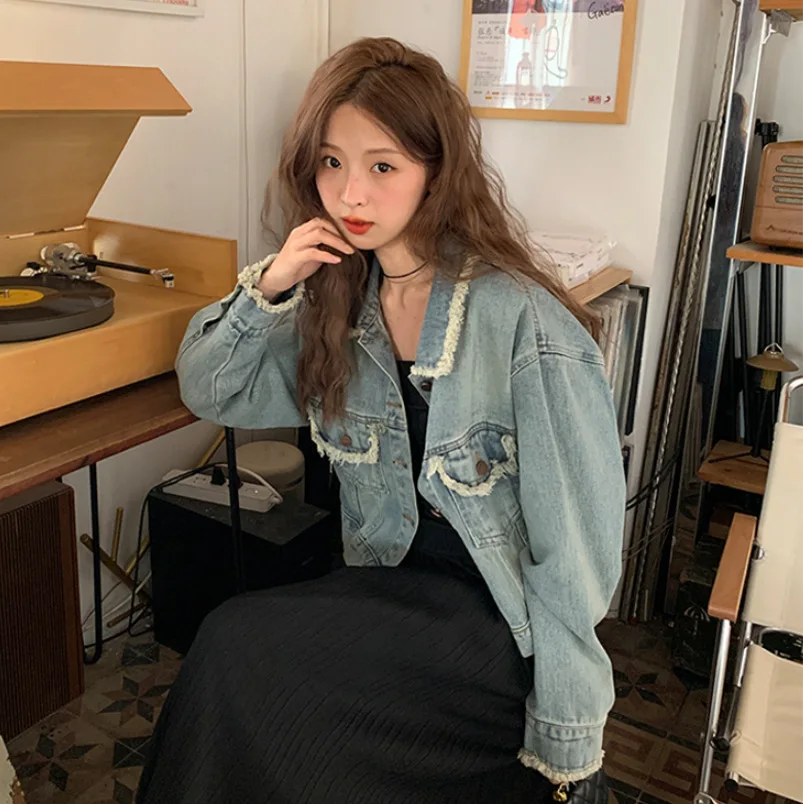 Giacca da donna Cappotto in denim lavato con nappe impiombate Colletto rovesciato Capispalla Mamma Jeans Cappotti Tasche a maniche lunghe Giacche vintage