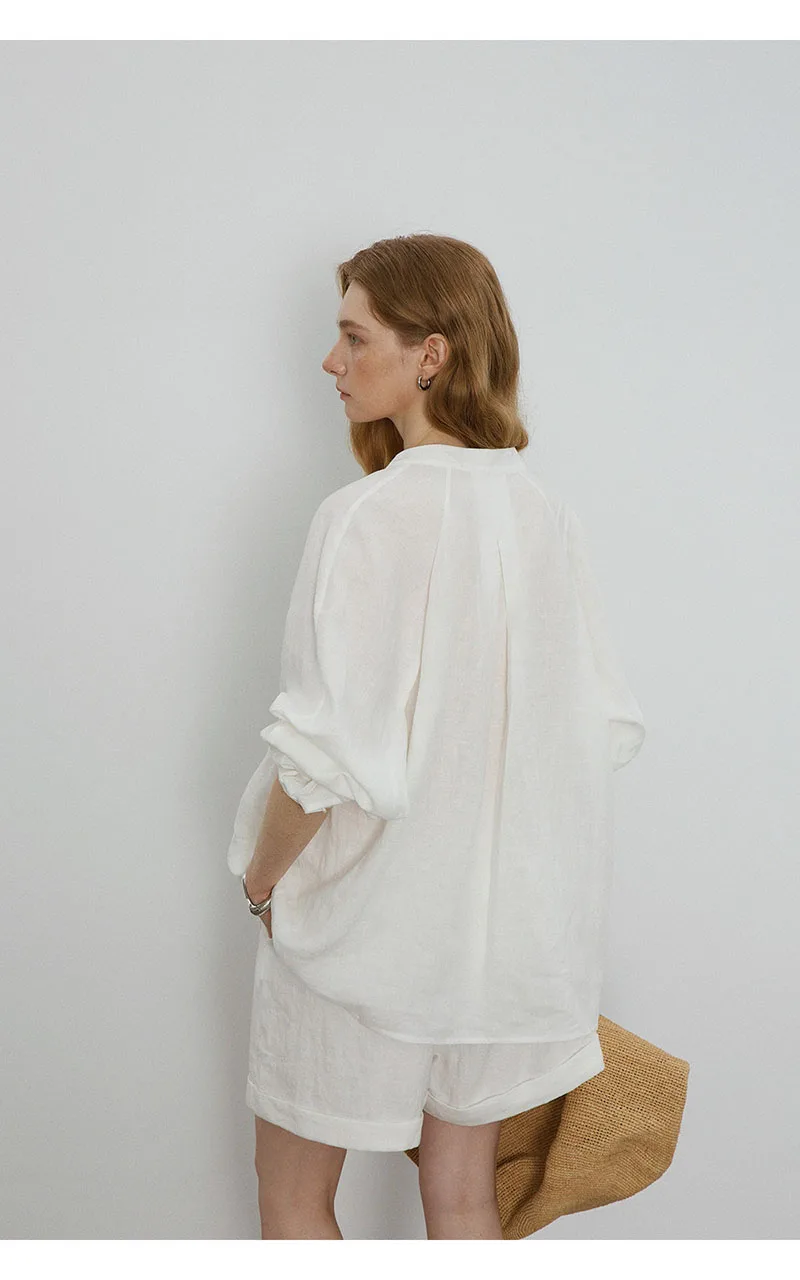 Fengbaoyu Natural 100% Linen Women's Set Long-sleeved V-neck Shirt and Shorts Set Perfect Outdoor Vacation Leisure Comfortable