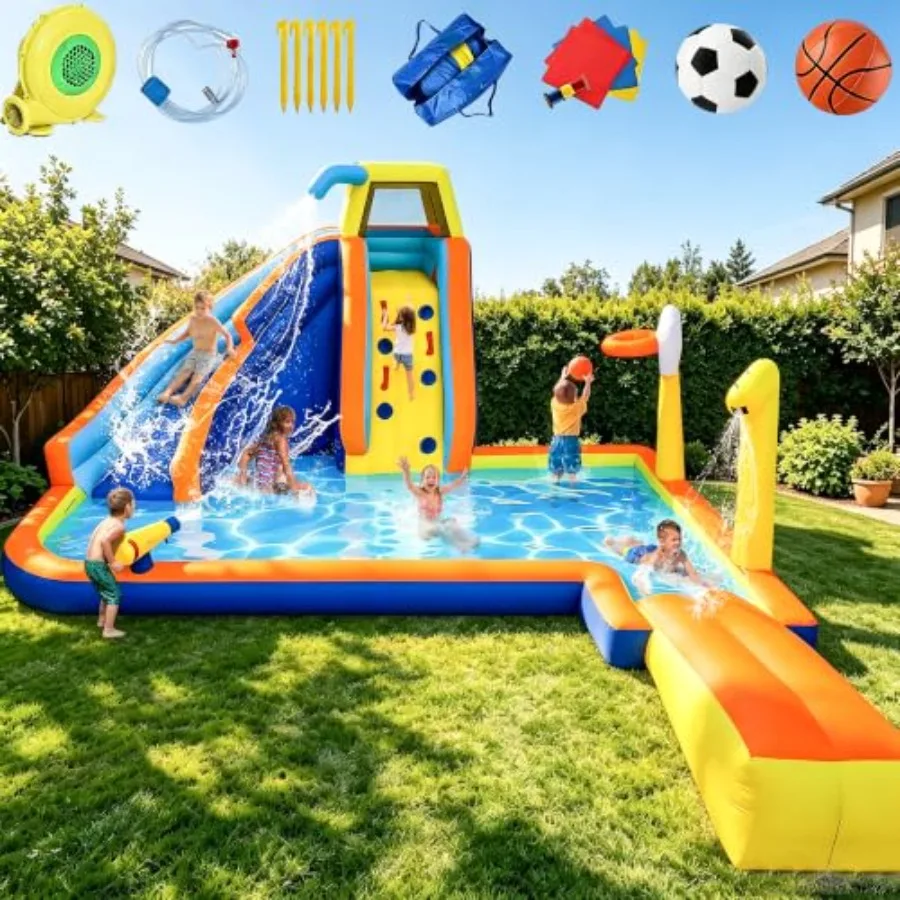Backyard inflatable water slide for kids: PVC material, blue and yellow, 8-in-1 with slide, climbing wall, splash pool, basketb