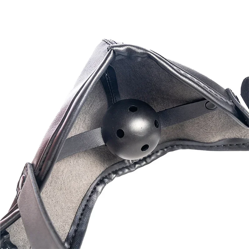 قناع جلدي قابل للتعديل مع الكمامة الفم Bdsm عبودية الرقيق الكرة الفم المكونات الأسود تنفس قناع التدريب لعبة الجنس للنساء مثلي الجنس #6