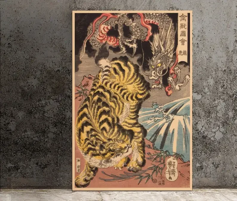 Japanese Print Flora And Fauna Tiger Fighting Dragon Poster Canvas Wall Art For Living Room Bedroom Decor