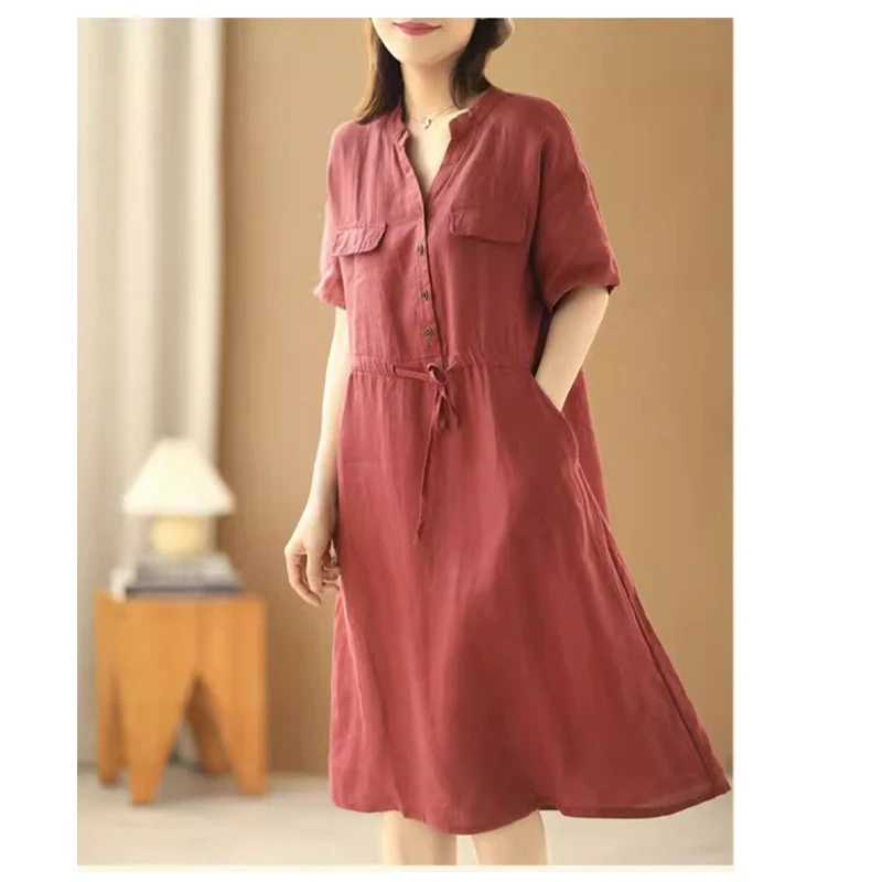 High-end Linen Spring Summer Women's Short-sleeved Dress Wine Red Drawstring Tie Mid-length Skirt Artistic Style Elegant Quality